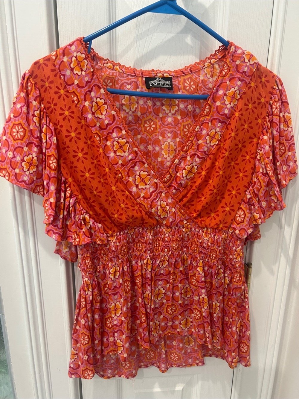 Angie Orange and Pink Floral Ruffle V‑Neck Blouse